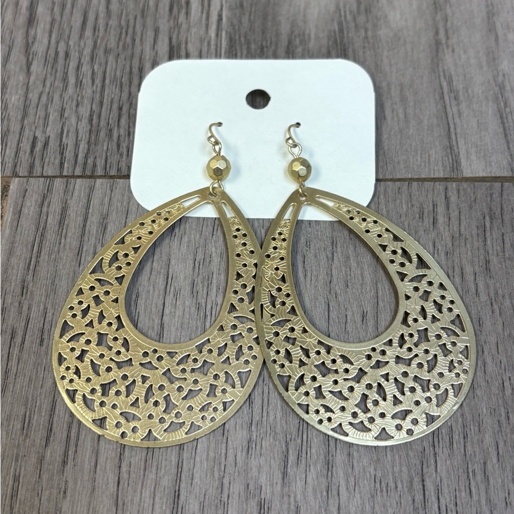 Gold Filigree Teardrop Dangle Earrings